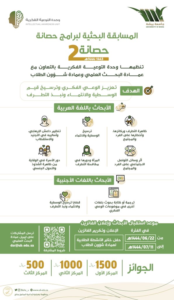 The Deanship of Scientific Research, in cooperation with Student Affairs, announces a research competition for male and female students of the University of Bisha, entitled 